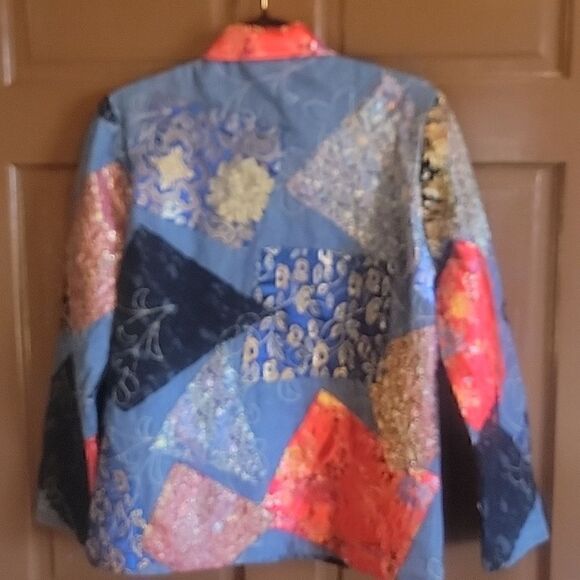 Chico's-Denim patched jacket with red & royal colors, buttoned down front S=6 . - Picture 8 of 10